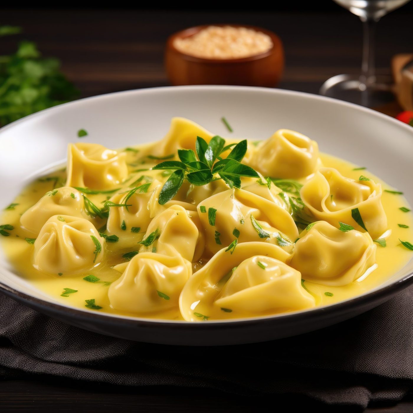 cappelletti in brodo. Traditional italian soup on wooden table